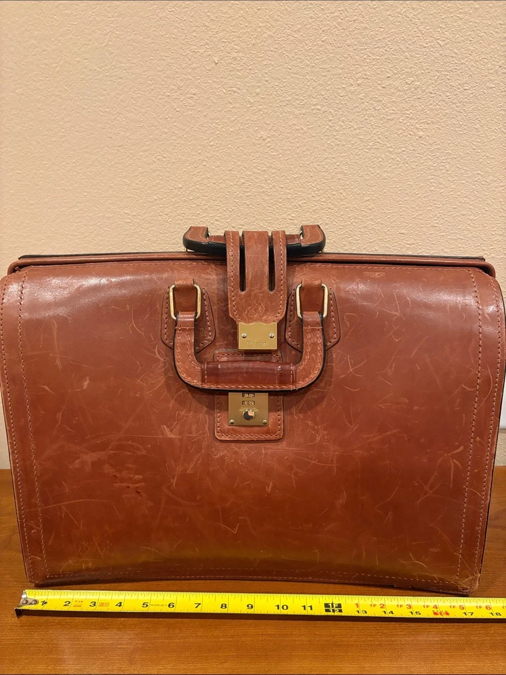 Vintage Schlesinger Men's Belting Leather Briefcase Bag in Cognac